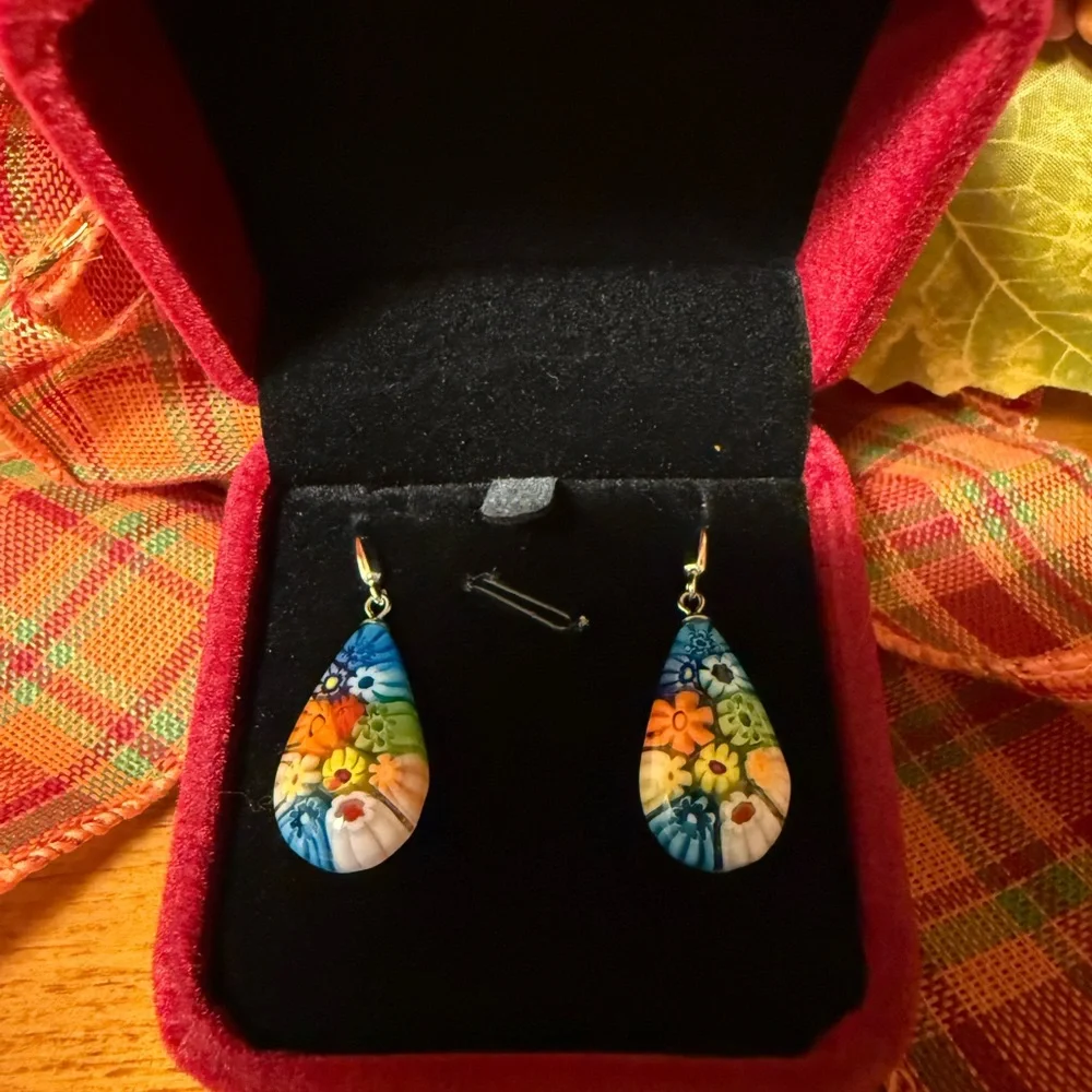 Multi Color Murano Style Millefiori Drop Earrings - Picture 4 of 6